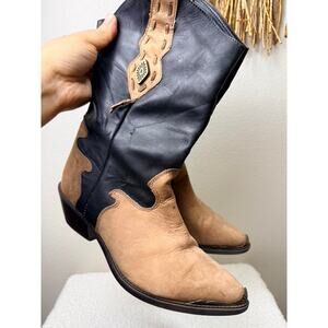 Code West Pointed Toe Tan Black Leather Cowgirl Boots Aztec Western Size 6.5M